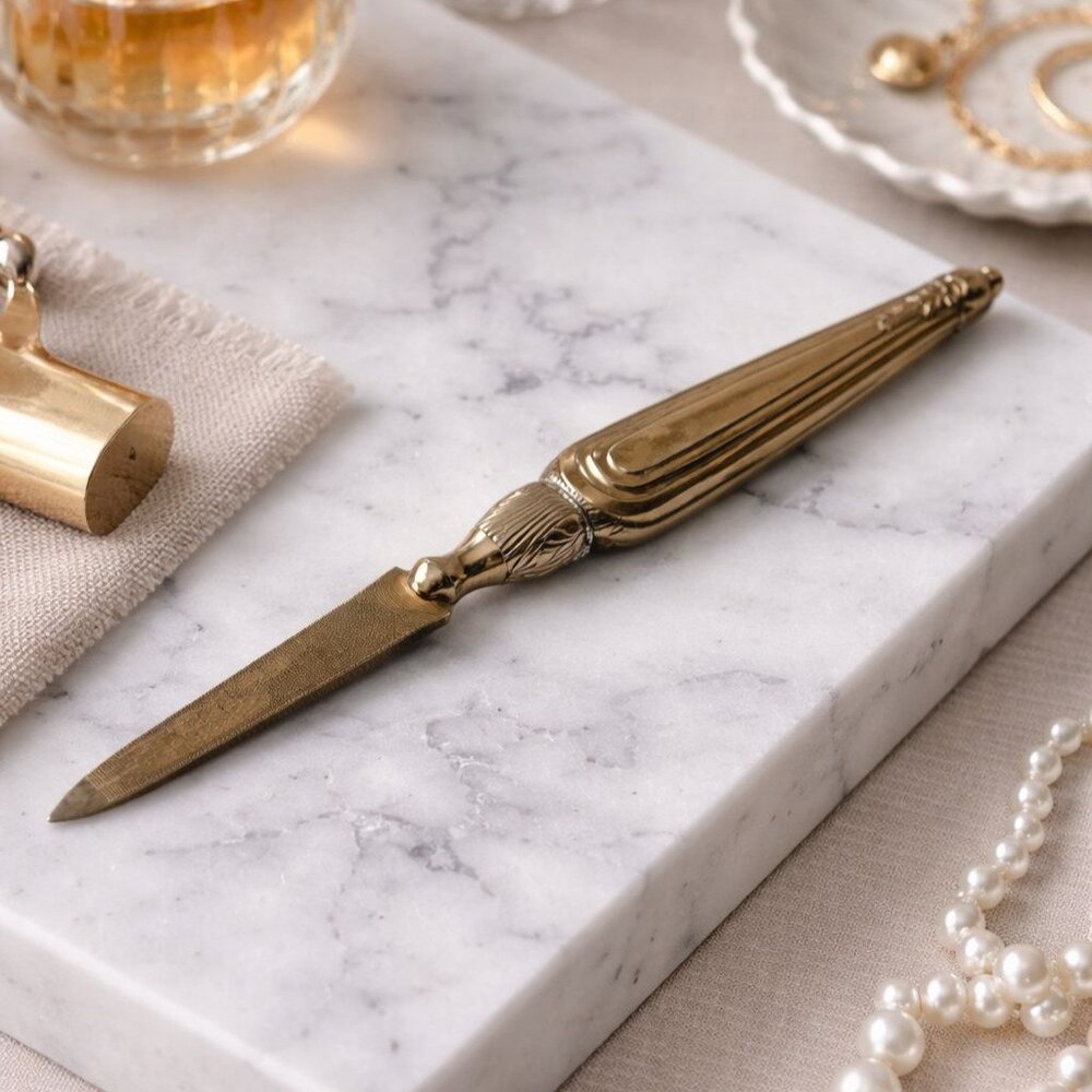 Vintage Ornate Gold-Toned Metal Nail File With Intricate Handle‎ Design